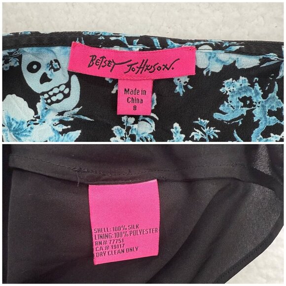 Betsey Johnson Silk Skull Floral Bird Print Dress Black Blue Whimsigoth Y2K SZ 8 - Picture 9 of 12